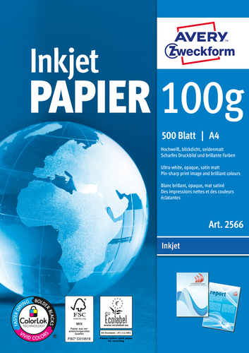 Avery Bright White Inkjet Papier A4 500 Sheets Druckerpapier A4 (210x297 mm) Satinmatt 500 Blätter Weiß