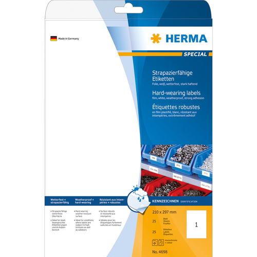 HERMA Etiketten strapazierfähig A4 210x297 mm weiß stark haftend Folie matt wetterfest 25 St.