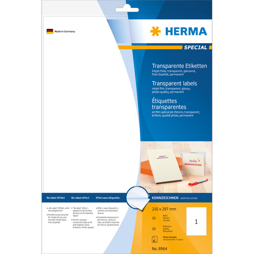 HERMA Inkjet Folien-Etiketten transparent A4 210x297 mm Folie glänzend 10 St.