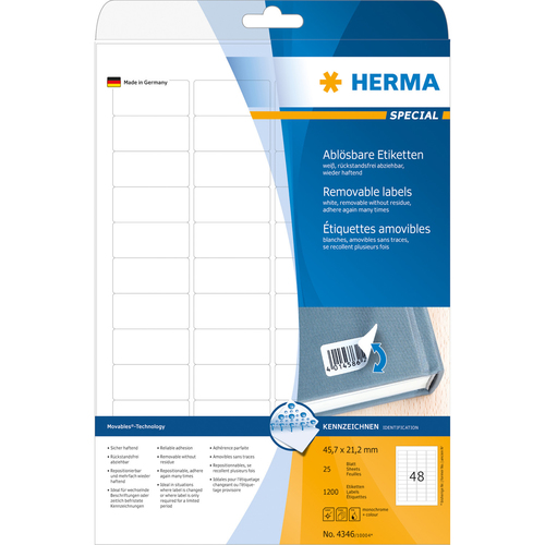 HERMA Ablösbare Etiketten A4 45.7x21.2 mm weiß Movables/ablösbar Papier matt 1200 St.