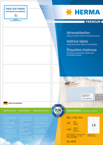 HERMA Adressetiketten Premium A4 99.1x38.1 mm weiß Papier matt 1400 St.