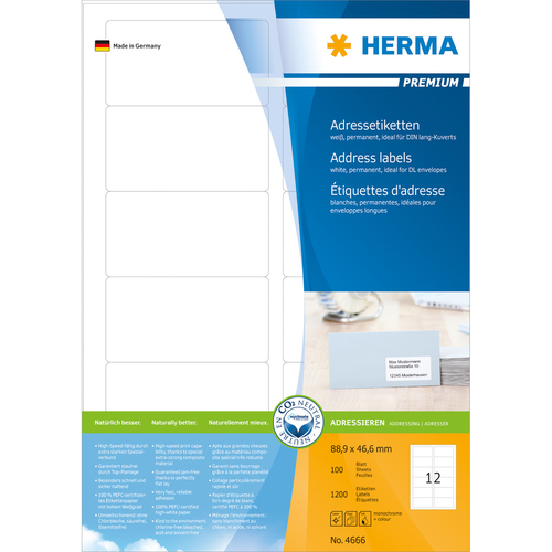 HERMA Adressetiketten Premium A4 88.9x46.6 mm weiß Papier matt 1200 St.