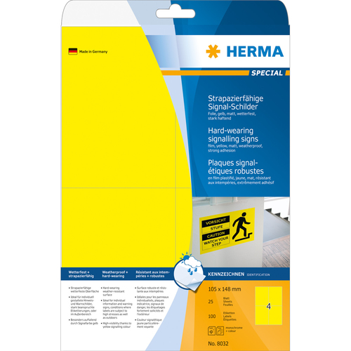 Herma Signal-Schilder strapazierfähig A4 105x148 mm gelb stark haftend Folie matt wetterfest 100 St.