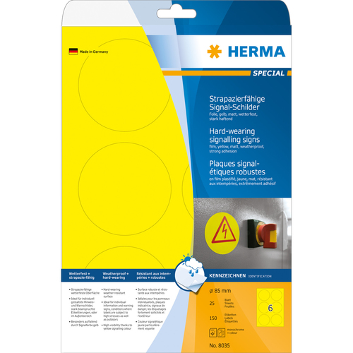 Herma Signal-Schilder strapazierfähig A4 Ø 85 mm rund gelb stark haftend Folie matt wetterfest 150 St.