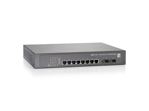 LevelOne 10-Port-Gigabit Ethernet-PoE-Switch, 802.3at PoE+, 2 Ports SFP, 8 PoE-Ausg&auml;ngen, 250W