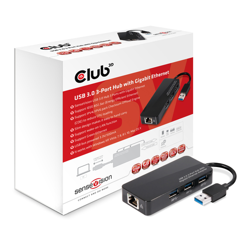CLUB3D USB 3.0 3-Port Hub with Gigabit Ethernet