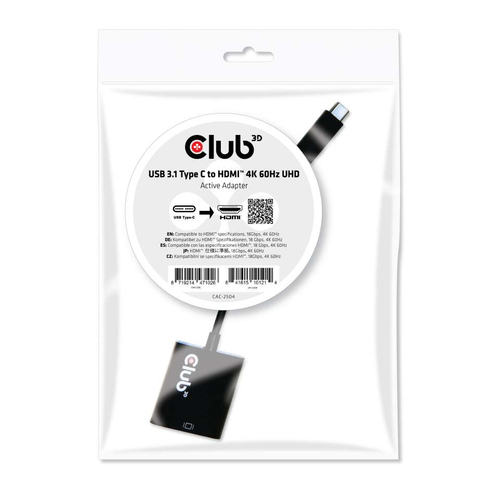 CLUB3D USB 3.1 Type C auf HDMI 2.0 UHD 4K 60Hz Aktiver Adapter