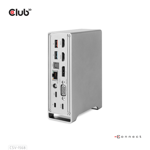 CLUB3D Universal Docking station Metal casing 1x USB Gen2 Type-C (data) 2x USB Gen2 Type-A Female 1x USB Gen1 Type-A Female 1x USB Type-A (RED) Smart Charging port 5V/2.4A Max. &bull; 2x HDMI&trade; (DP Alt Mode) 1x DP&trade; (DP Alt Mode) hdr 1x VGA 1x RJ45+ 120 Watt