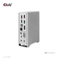 CLUB3D Universal Docking station Metal casing 1x USB Gen2 Type-C (data) 2x USB Gen2 Type-A Female 1x USB Gen1 Type-A Female 1x USB Type-A (RED) Smart Charging port 5V/2.4A Max. &bull; 2x HDMI&trade; (DP Alt Mode) 1x DP&trade; (DP Alt Mode) hdr 1x VGA 1x RJ45+ 120 Watt (Me